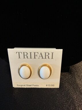 Vintage Trifari Gold-Tone Earrings with White Cabochons